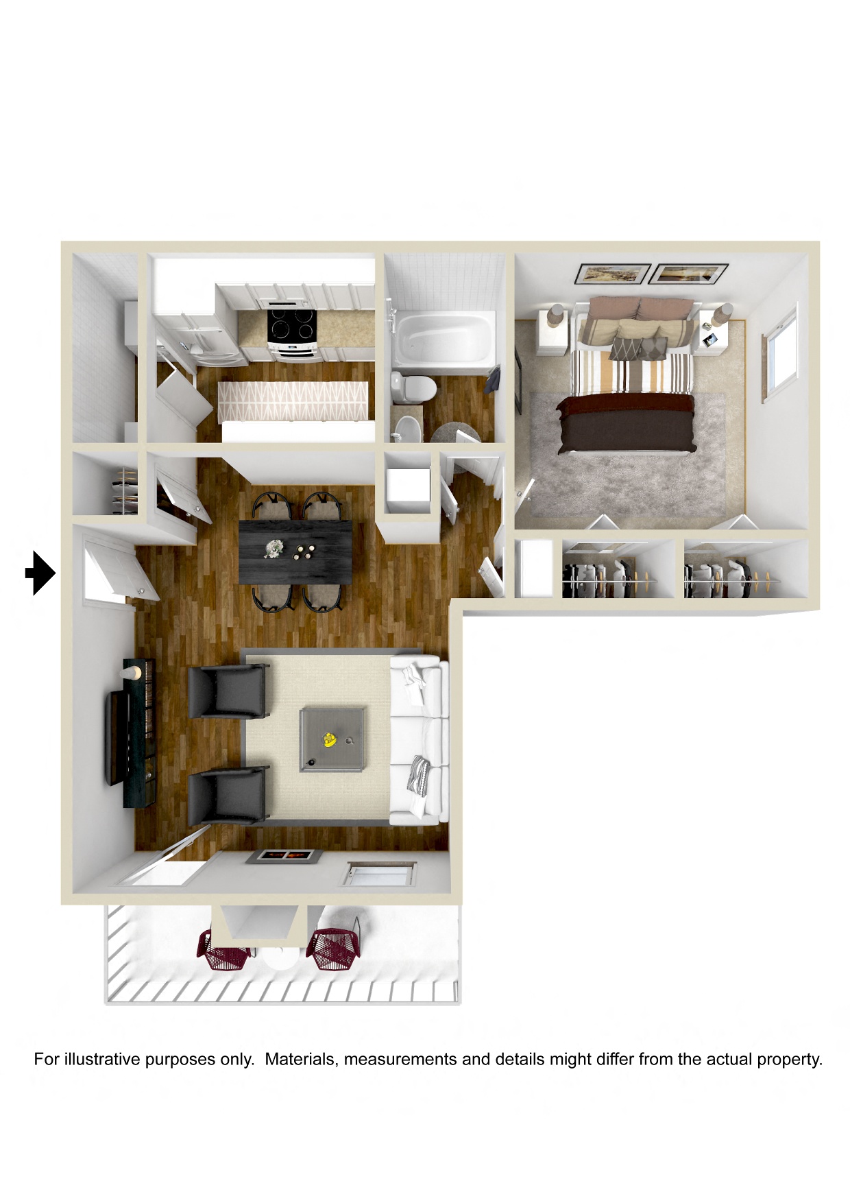 Floor plan for 1 bed, 1 bath, 700 sqft